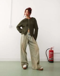 Monki Knitted Rib Hoodie Zip Up Cardigan In Green For Women -Monki Shop 207322837 3