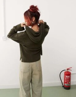 Monki Knitted Rib Hoodie Zip Up Cardigan In Green For Women -Monki Shop 207322837 4