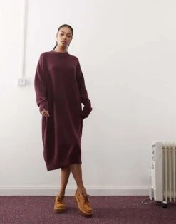 Monki Long Sleeve Knitted Midi Dress In Burgundy For Women -Monki Shop 207322870 1 burgundy 1