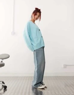 Monki Knit Button Front Oversized Cardigan In Blue For Women -Monki Shop 207322871 2