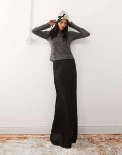 Monki Satin Bias Cut Maxi Skirt In Black For Women