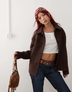 Monki Textured Jacket With Collar In Brown For Women -Monki Shop 207322982 1 brown 1