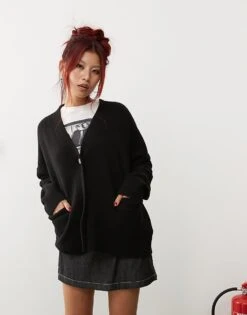 Monki Knit Button Front Oversized Cardigan In Black For Women -Monki Shop 207323022 2