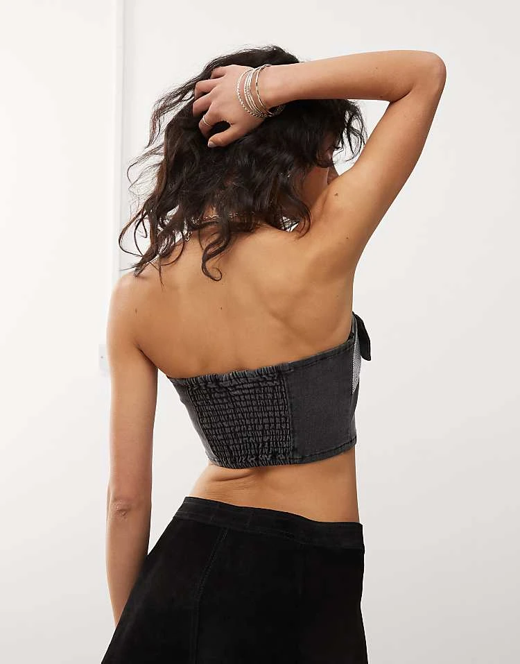 Monki Denim Bandeau Crop Top With Belt Detail In Washed Black For Women 5 Monki Denim Bandeau Crop Top With Belt Detail In Washed Black For Women - Image 3