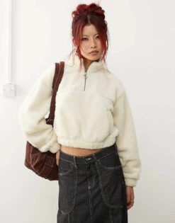 Monki Borg Half Zip Up Fleece Sweatshirt In Off White With Constrast Mint Piping For Women