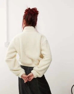 Monki Borg Half Zip Up Fleece Sweatshirt In Off White With Constrast Mint Piping For Women -Monki Shop 207324518 4