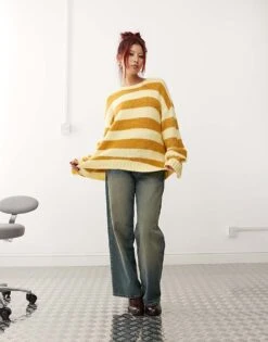 Monki Crew Neck Knitted Sweater In Yellow Stripe For Women -Monki Shop 207324530 1 yellowstripe 1