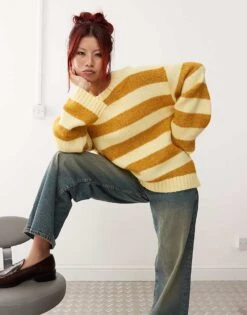 Monki Crew Neck Knitted Sweater In Yellow Stripe For Women -Monki Shop 207324530 3