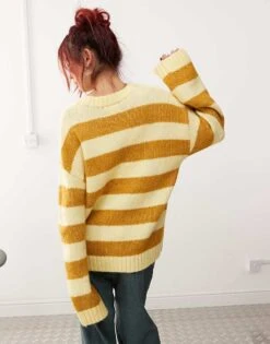 Monki Crew Neck Knitted Sweater In Yellow Stripe For Women -Monki Shop 207324530 4