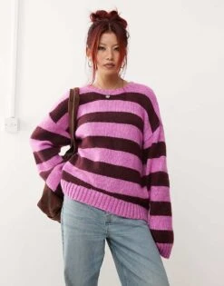 Monki Crew Neck Knitted Sweater In Pink And Burgundy Stripe For Women
