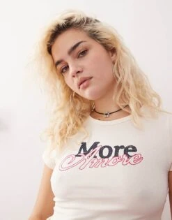 Monki Shrunken Baby Tee In Off White With 'More Amore' Graphic For Women 11 Monki Shrunken Baby Tee In Off White With 'More Amore' Graphic For Women -Monki Shop 207356712 1 white 1