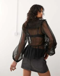 Monki Double Layered Sheer Long Sleeve Frill Collared Blouse In Black For Women 9 Monki Double Layered Sheer Long Sleeve Frill Collared Blouse In Black For Women -Monki Shop 207391432 3