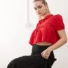 Monki Cotton Poplin Peplum Tie Shirt Top With Collar And Front Tie Up Detail In Red For Women -Monki Shop 207398935 1 red