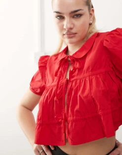Monki Cotton Poplin Peplum Tie Shirt Top With Collar And Front Tie Up Detail In Red For Women -Monki Shop 207398935 3