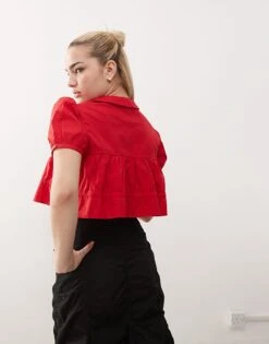 Monki Cotton Poplin Peplum Tie Shirt Top With Collar And Front Tie Up Detail In Red For Women -Monki Shop 207398935 4