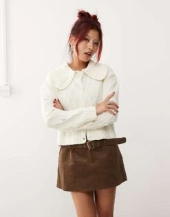 Monki Knitted Pattern Cardigan With Collar And Puff Sleeves In Off White For Women -Monki Shop 207398953 1 offwhite 1