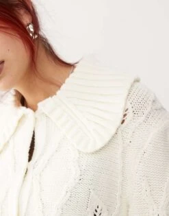 Monki Knitted Pattern Cardigan With Collar And Puff Sleeves In Off White For Women -Monki Shop 207398953 3