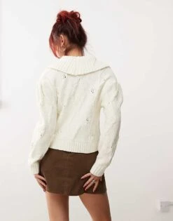 Monki Knitted Pattern Cardigan With Collar And Puff Sleeves In Off White For Women -Monki Shop 207398953 4