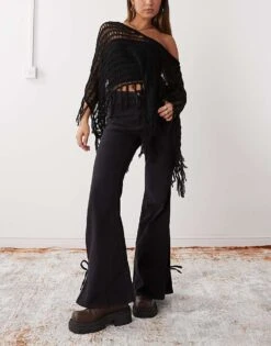 Monki Wide Leg Trousers With Tie Bow Detail In Washed Black For Women