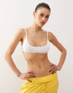 Monki Soft Scoop Neck Pointelle Bralette With Small Bow In White For Women