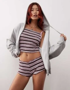 Monki Mix And Match Ribbed Cami Lettuce Edge Pyjama Tank Top In Pink Multi Stripe For Women -Monki Shop 207401355 1 multistripe 1