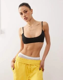Monki Soft Scoop Neck Pointelle Bralette With Small Bow In Washed Black For Women