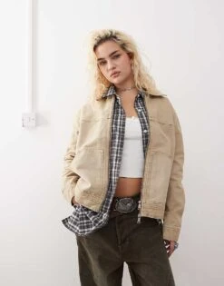 Monki Barn Jacket With Collar And Front Patch Pockets In Washed Beige For Women
