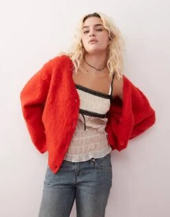 Monki Fluffy Yarn Knitted Cardigan With V Neck In Red For Women -Monki Shop 207477083 1 red 1