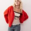 Monki Fluffy Yarn Knitted Cardigan With V Neck In Red For Women