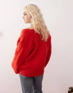 Monki Fluffy Yarn Knitted Cardigan With V Neck In Red For Women -Monki Shop 207477083 4