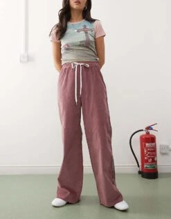 Monki Cord Wide Leg Track Pants With Side Stripe In Burgundy For Women