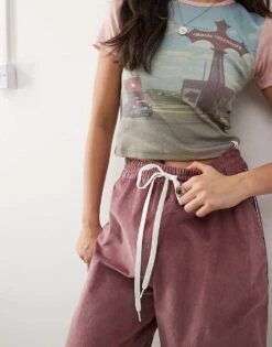 Monki Cord Wide Leg Track Pants With Side Stripe In Burgundy For Women -Monki Shop 207477084 5