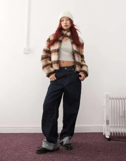 Monki Reversible Padded Jacket In Hairy Brown Check For Women -Monki Shop 207477093 3