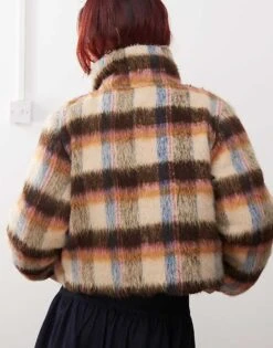 Monki Reversible Padded Jacket In Hairy Brown Check For Women -Monki Shop 207477093 4