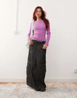 Monki Long Sleeve Light Ribbed Knitted Top In Purple And Pink Spacedye For Women Purple Spacedye -Monki Shop 207477132 2