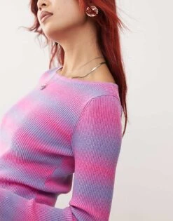 Monki Long Sleeve Light Ribbed Knitted Top In Purple And Pink Spacedye For Women Purple Spacedye -Monki Shop 207477132 3