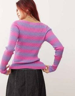 Monki Long Sleeve Light Ribbed Knitted Top In Purple And Pink Spacedye For Women Purple Spacedye -Monki Shop 207477132 4