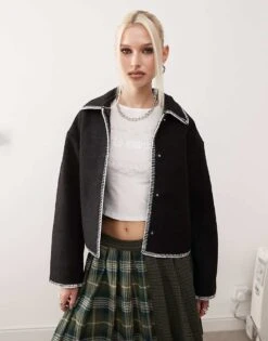 Monki Short Jacket In Black With Contrast Stitching For Women -Monki Shop 207477148 3