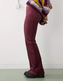 Monki Cord Flare Leg Trouser With Front Pintuck Seam In Burgundy For Women