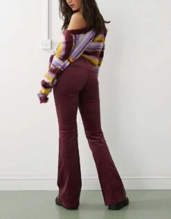 Monki Cord Flare Leg Trouser With Front Pintuck Seam In Burgundy For Women -Monki Shop 207477166 3