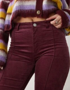 Monki Cord Flare Leg Trouser With Front Pintuck Seam In Burgundy For Women -Monki Shop 207477166 4