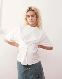Monki Oversized T-shirt With Corset Waist In White For Women -Monki Shop 207477176 1 white 1
