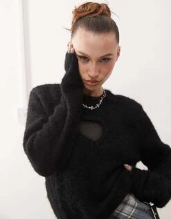 Monki Fluffy Sweater With Cut Out Heart In Black For Women