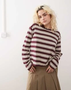 Monki Long Sleeve Top In Burgandy Stripe For Women -Monki Shop 207477188 1 burgandy 1