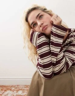 Monki Long Sleeve Top In Burgandy Stripe For Women -Monki Shop 207477188 3