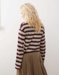 Monki Long Sleeve Top In Burgandy Stripe For Women -Monki Shop 207477188 4