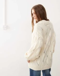 Monki Oversized Crew Neck Cable Knitted Sweater In Off White For Women -Monki Shop 207477214 4