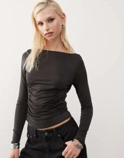 Monki Jersey Long Sleeve Top With Ruche Heart Detail In Black For Women -Monki Shop 207477225 1 black 1