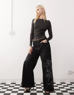 Monki Jersey Long Sleeve Top With Ruche Heart Detail In Black For Women -Monki Shop 207477225 3