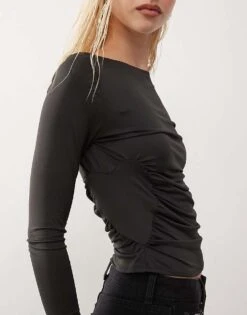 Monki Jersey Long Sleeve Top With Ruche Heart Detail In Black For Women -Monki Shop 207477225 4